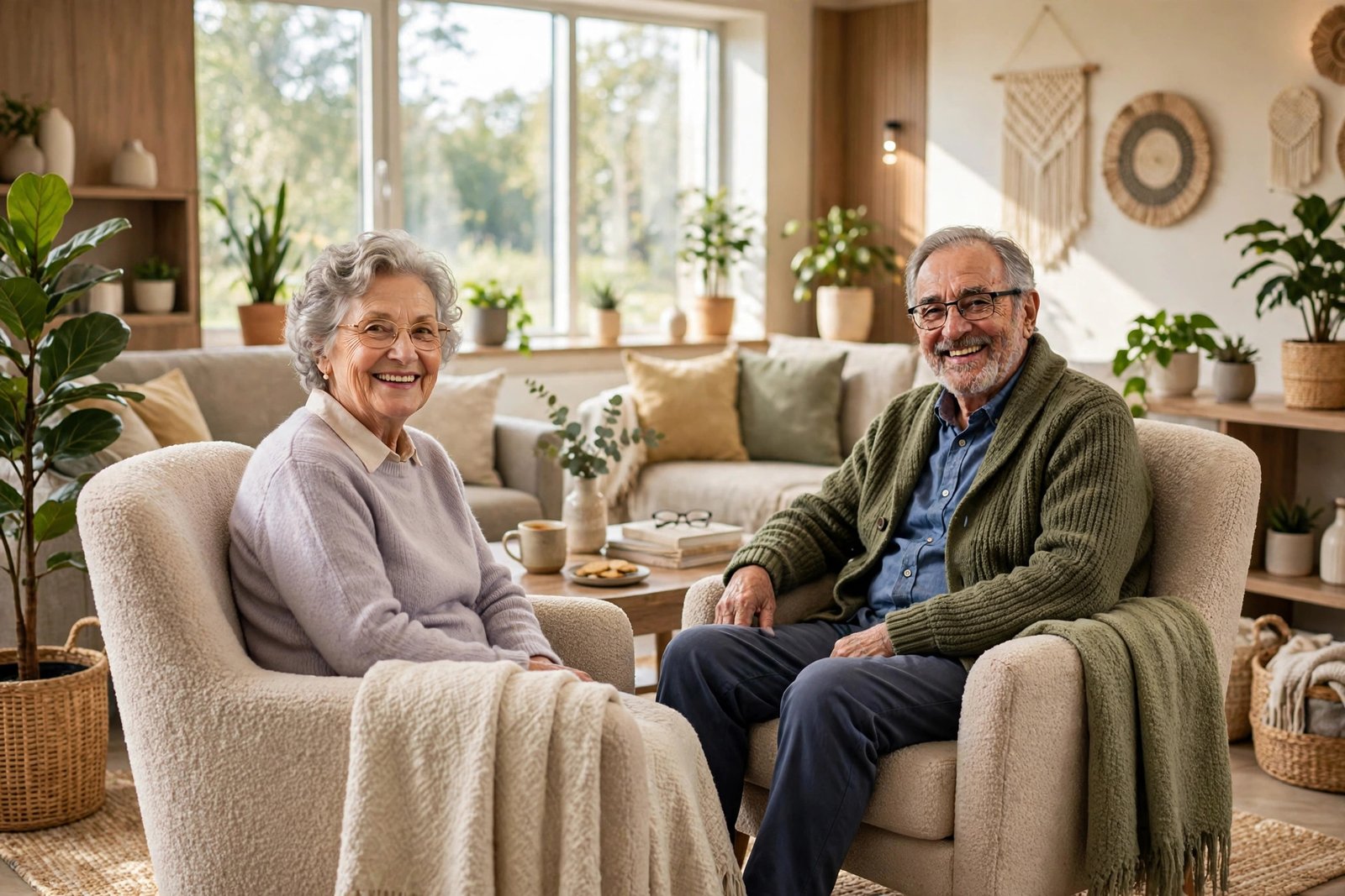 Residents relaxing in the lounge of a senior living community